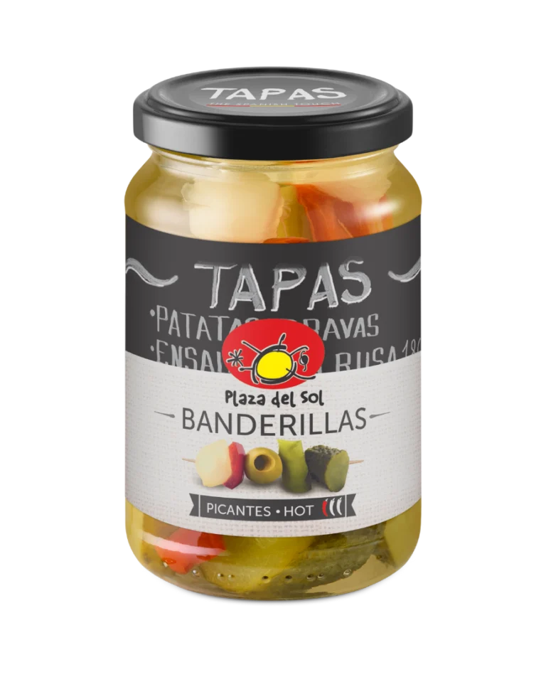 Koreczki Hot Banderillas Plaza del Sol w słoiku. Pikantne przekąski z pikli, cebulki i papryczek chilli.